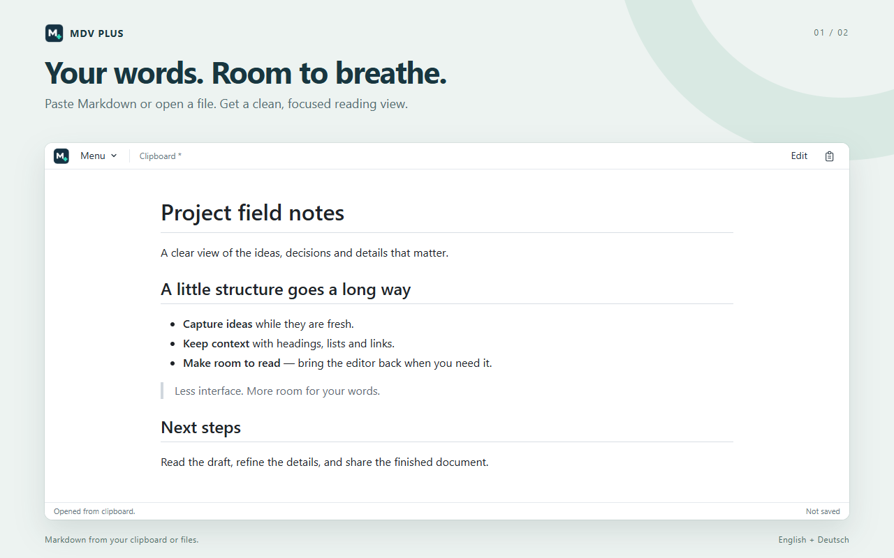 MDV Plus showing a Markdown document with formatted headings, a list and a quote in its reading view.
